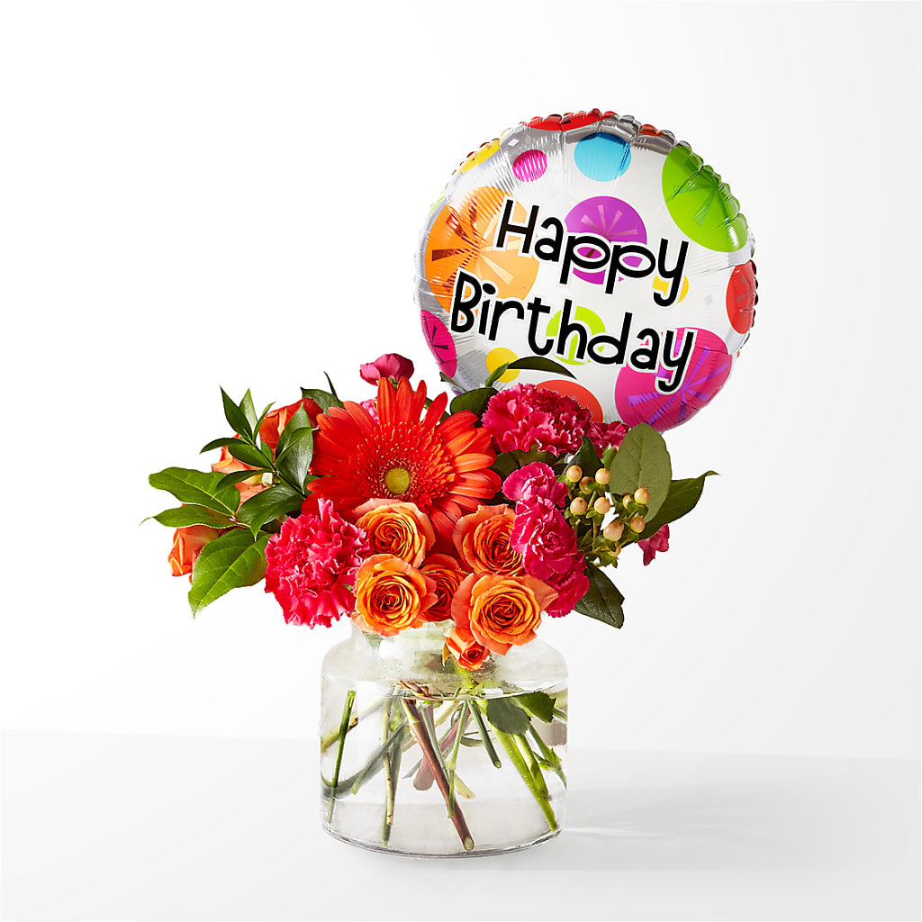 Fiesta Bouquet with Birthday Balloon – Herbert E Berg Florist Inc, Worcester MA