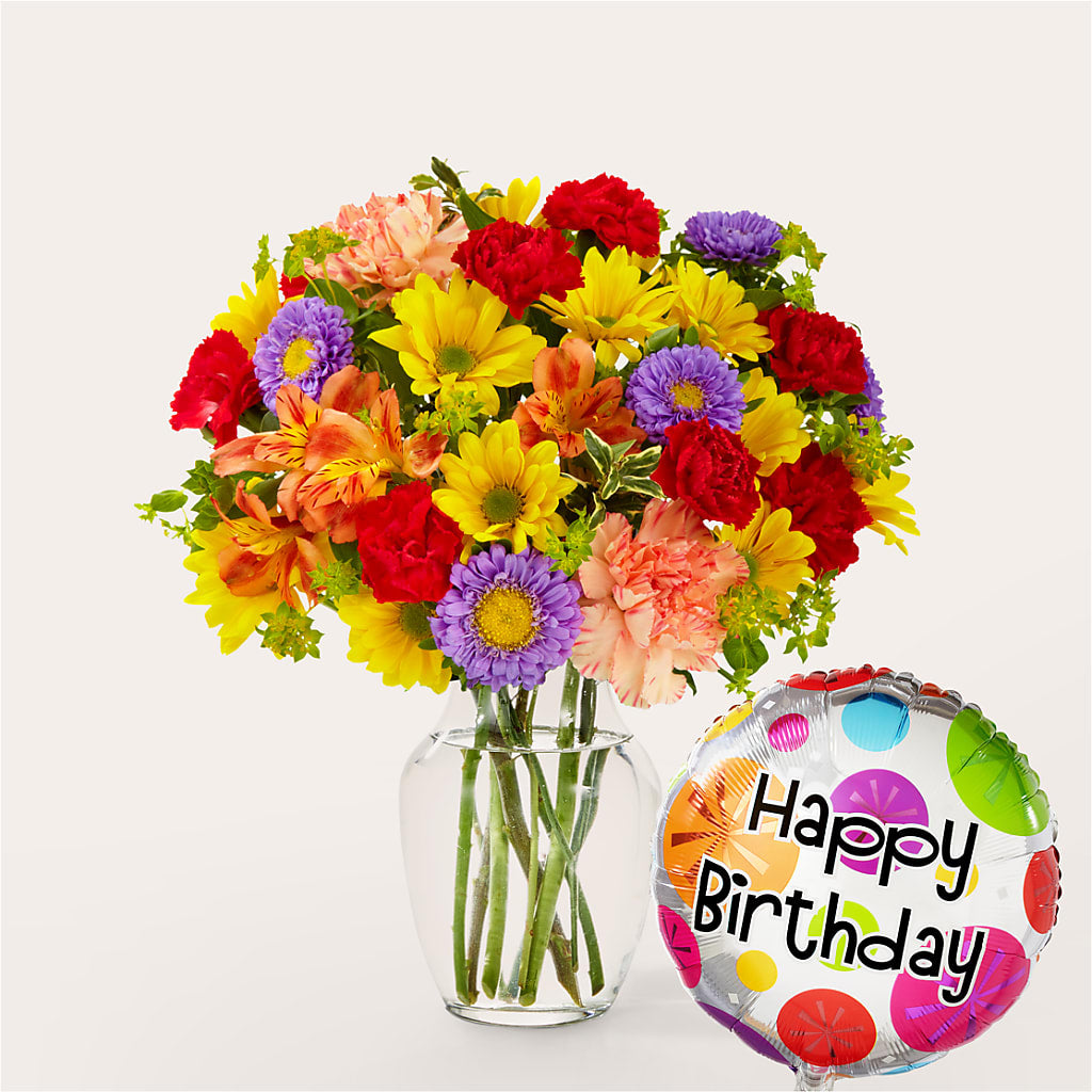 Kaleidoscope Bouquet with Birthday Balloon – Herbert E Berg Florist Inc, Worcester MA