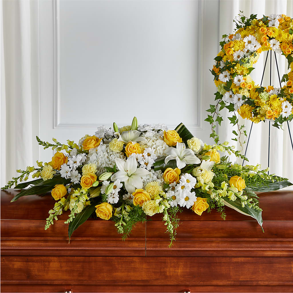 Golden Harmony Casket Spray – Herbert E Berg Florist Inc, Worcester MA